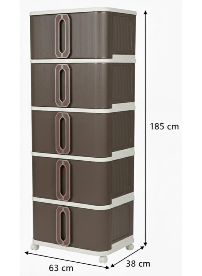 Spaceshoop 5 Tier Modern Plastic Storage Cabinet with Double Door Drawers and Wheel Brown and White Large - Image 2